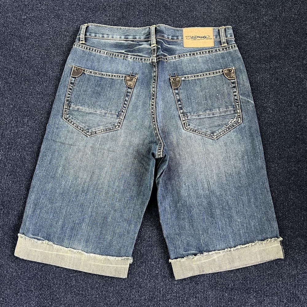 Y2K Ed Hardy Denim Shorts Mens 32 Blue Bermuda Frayed Hem Medium Wash Casual